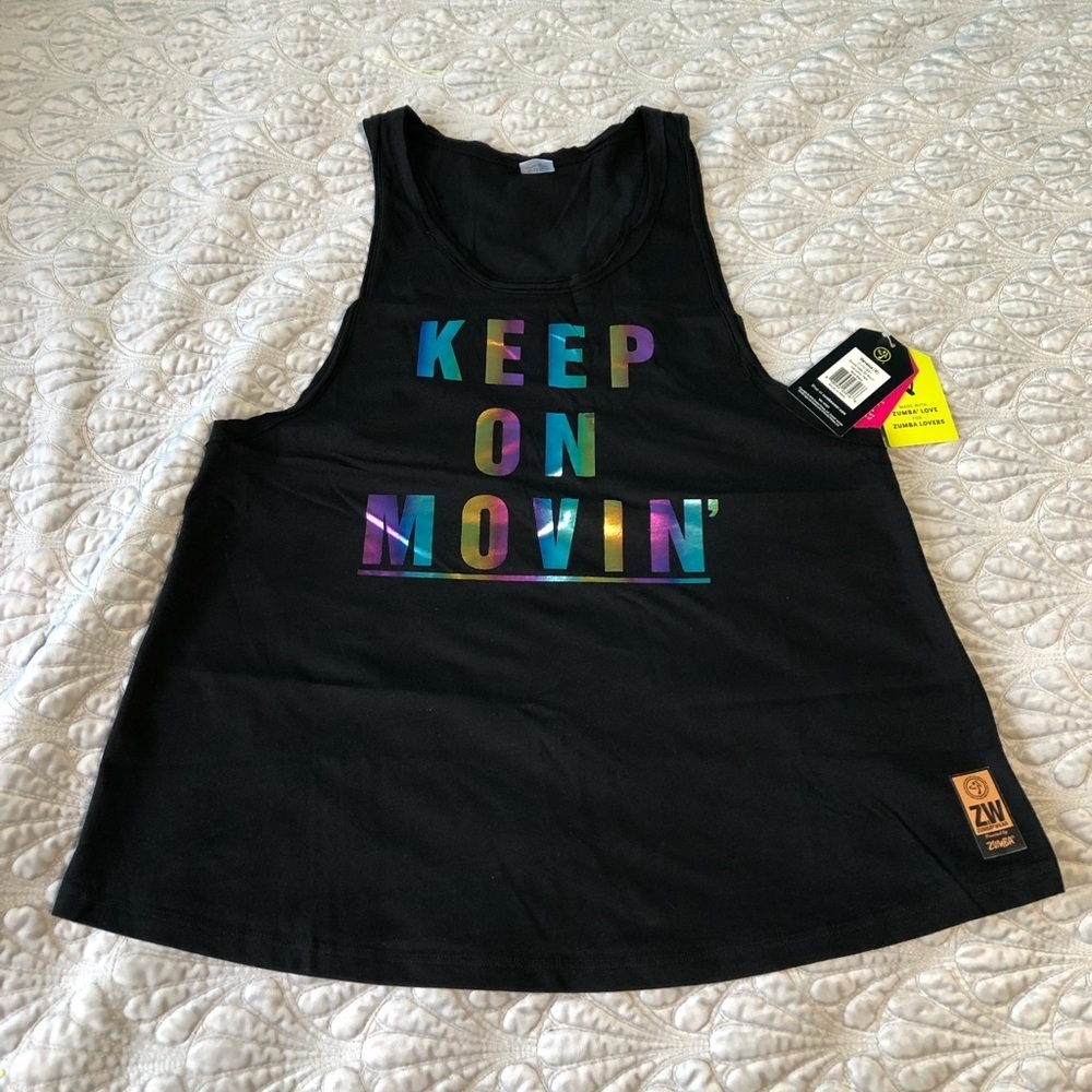 Zumba Fitness Black Tank with Iridescent "KEEP ON MOVIN'" Graphic Medium Nwt